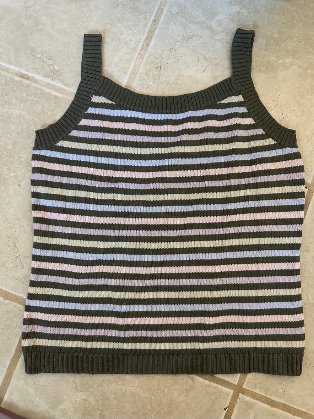 Striped Knit Tank Top in Olive with Pastel Stripes